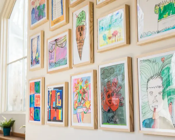Un colorido cuadro para niños exhibe dibujos de helados, flores y retratos, cada uno enmarcado en madera clara.