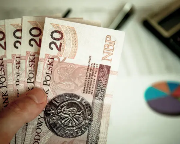 Ręka trzyma banknoty 20 zł. Obok kalkulator i wykres kołowy. Planowanie finansowe na 2025 rok, stawka godzinowa netto.