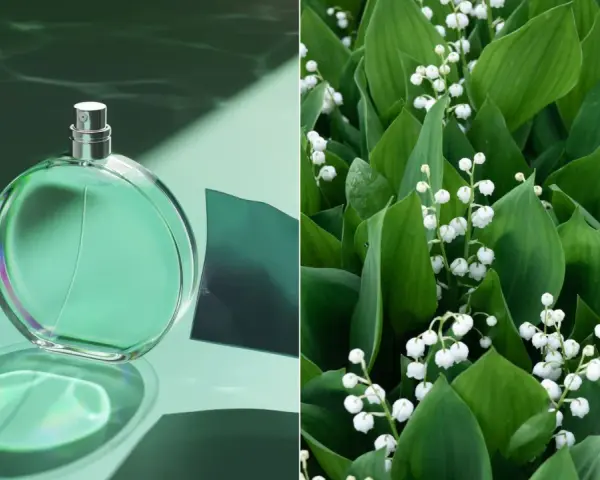 Zielona butelka perfum konwaliowych na tle wodnych refleksów i bujnych, zielonych liści z białymi dzwoneczkami konwalii.