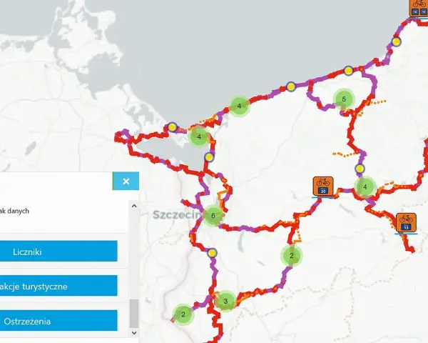Mapa Pomorza Zachodniego z zaznaczonymi trasami rowerowymi, punktami turystycznymi i licznikami.
