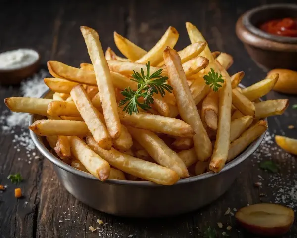 Goldgelbe, knusprige Pommes in einer Schüssel, perfekt zum Pommes selbst machen. Dazu Ketchup und eine Dip-Schale.