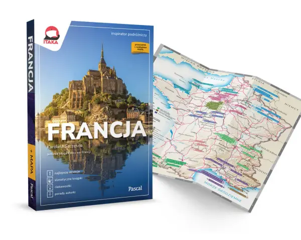 Przewodnik po Francji z mapą, przedstawiający Mont Saint-Michel i mapę kraju.