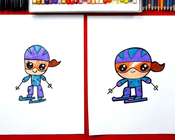 Två tecknade skidåkare i lila och blått, redo för äventyr i snön.