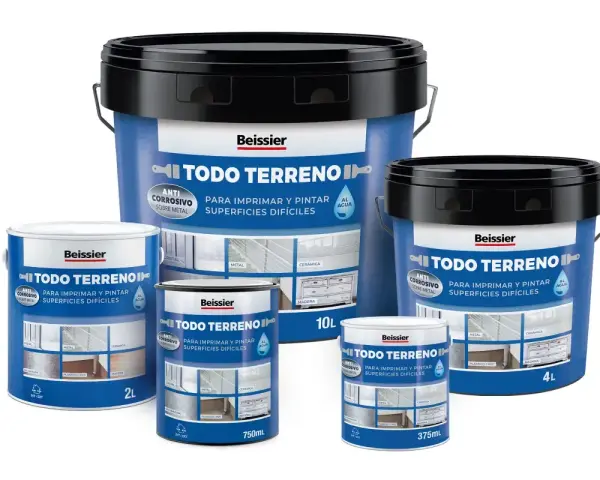 Latas de pintura Beissier Todo Terreno, ideal para imprimar y pintar superficies difíciles, incluyendo plástico/PVC.
