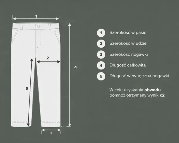 Tabela rozmiarów spodni, w tym szerokość w pasie, udzie i nogawce, długość całkowita i wewnętrzna. Idealne dla rozmiaru spodni 44.