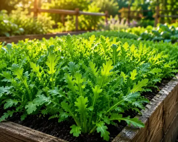 Un letto rialzato pieno di rucola verde brillante, un segno che è il momento perfetto quando si semina la rucola per un raccolto abbondante.