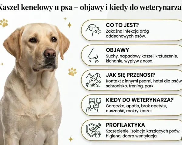 Labrador z objawami kaszlu kenelowego u psa: suchy kaszel, kichanie, gorączka. Informacje o przyczynach, objawach i profilaktyce.