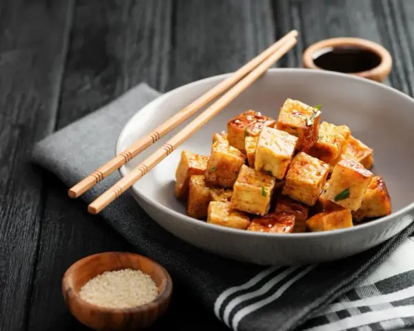 Chrupiące kostki tofu w sosie, pałeczki i sezam. Tak smakuje tofu!