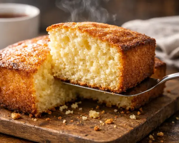 Un délicieux gâteau nature, encore chaud, est servi sur une planche en bois. La vapeur s'en dégage, invitant à la dégustation.