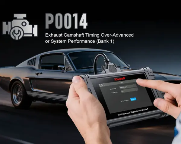A hand uses an iCarsoft diagnostic tool to address the P0014 code, indicating exhaust camshaft timing over-advanced or system performance issues on Bank 1, with a classic car in the background.