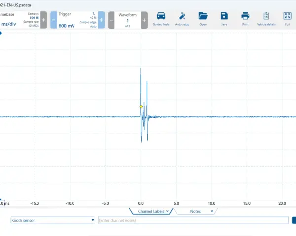 PicoScope-Diagramm zeigt die Klopfsensor Funktion mit einer deutlichen Signalspitze, die auf Klopfen hinweist.