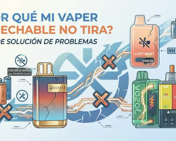 Ilustración sobre por qué un vaper desechable es malo, mostrando problemas de batería y componentes.