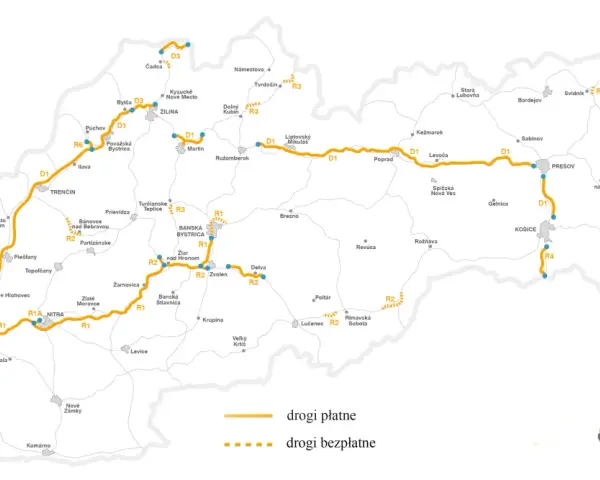 Mapa Słowacji z zaznaczonymi drogami płatnymi (pomarańczowe) i bezpłatnymi (przerywane). Winiety Słowacja to klucz do podróży po kraju.