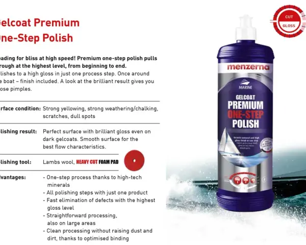 Menzerna Gelcoat Premium One-Step Polish ger en perfekt yta med briljant glans. Enkel process för att ta bort repor och ge hög glans.