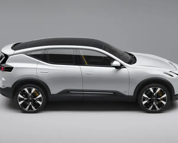 Srebrny SUV Polestar 3 z czarnym dachem i żółtymi zaciskami hamulcowymi, widziany z boku.