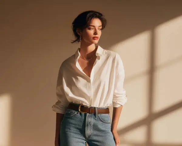 Mujer con camisa blanca arremangada y metida por dentro de sus jeans, cinturón marrón y collar dorado.
