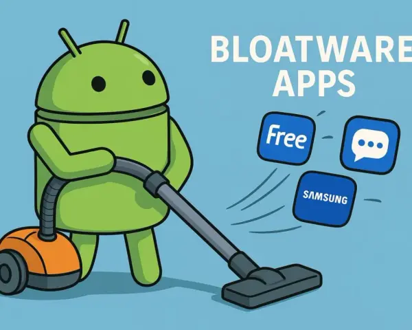 Android-Roboter saugt Bloatware-Apps wie "Free", "Samsung" und eine Chat-Blase ab.