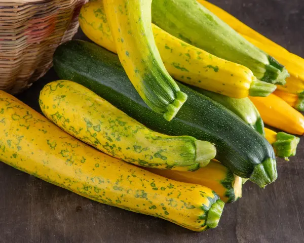 Frische, bunte Zucchini liegen neben einem Korb. Perfekt, um sie roh zu essen und den Sommer zu genießen.