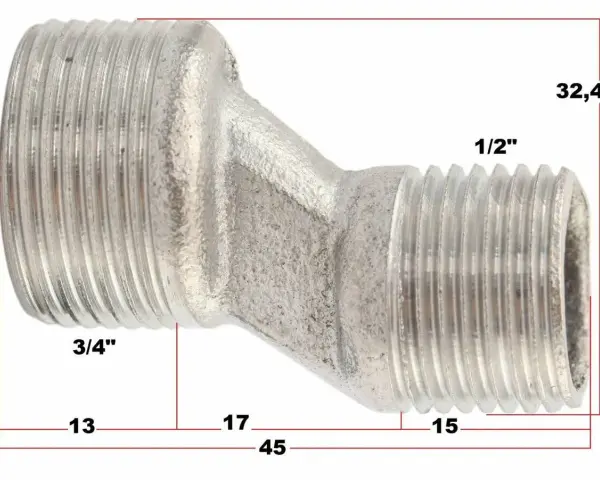 Metalowy nyplowy reduktor z gwintami 3/4" i 1/2". Wymiary: 13, 17, 15, 32,4, 45 mm. Idealny do instalacji, gdzie potrzebne są różne krzywki do baterii rozmiary.