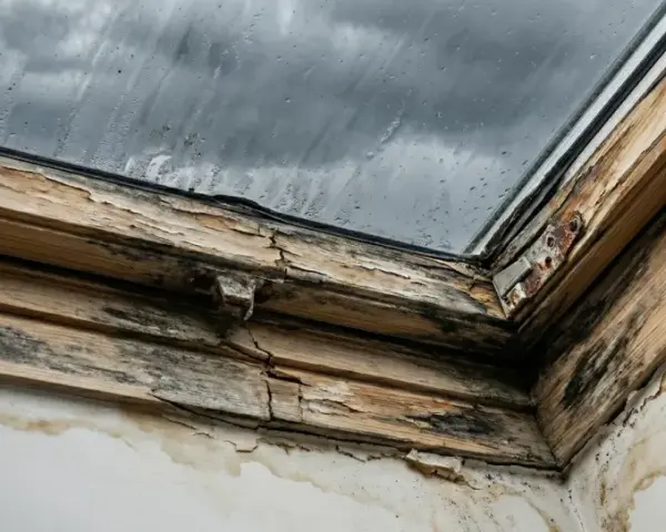 Zniszczone drewniane okno dachowe z pleśnią i zaciekami na ścianie.