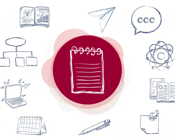Un cuaderno, un portátil, un calendario y otros elementos gráficos que representan recursos para escritores.