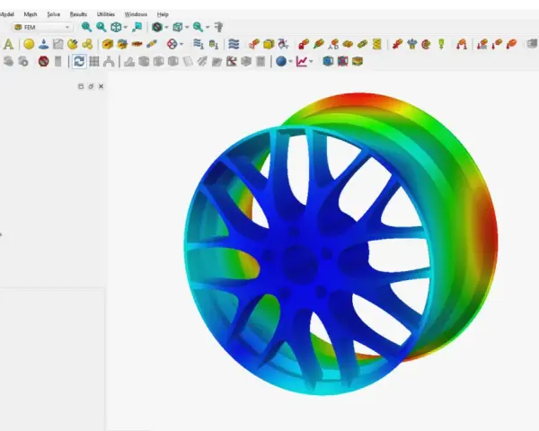 Symulacja naprężeń felgi w programie do projektowania CAD. Kolory wskazują rozkład naprężeń.