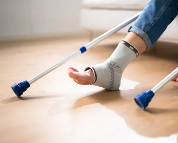 Osoba w ortezie stawu skokowego, opierająca się na kulach, po zabiegu artrodezy stawu skokowego.