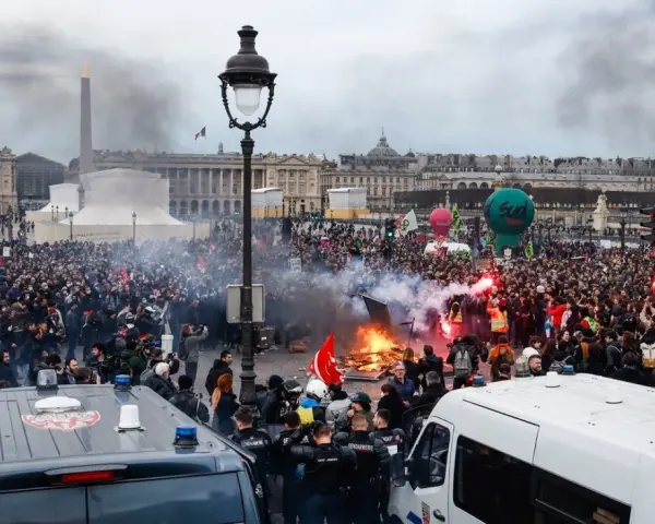 Multitud de personas de Francia protestan en París, con humo y fuego en la plaza de la Concordia.