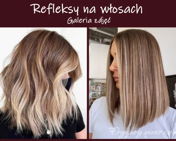 Dwie fryzury z refleksami na siwe włosy: jedna falowana, druga prosta.