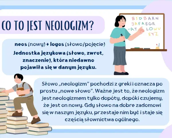 Grafika wyjaśnia, czym jest neologizm: nowe słowo lub zwrot, który niedawno pojawił się w języku. Uczeń wspina się po stosie książek, symbolizując naukę.