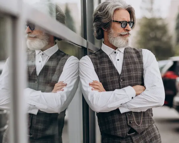 Uomo con barba bianca e occhiali da sole, indossa un elegante outfit uomo gilet a quadri, camicia bianca e pantaloni scuri.