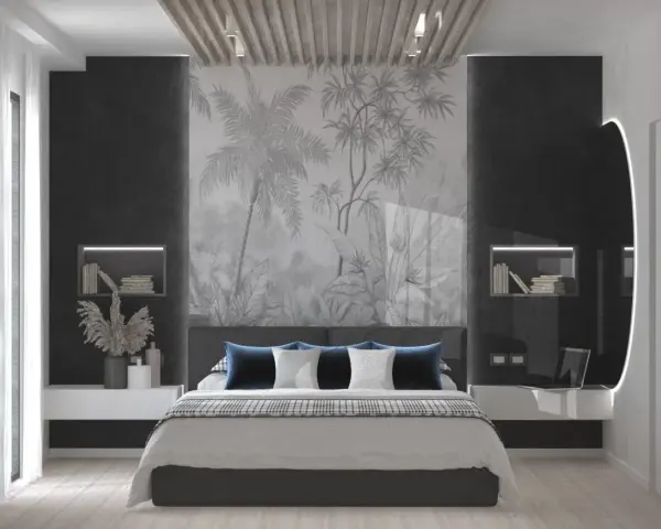 Pareti particolari dietro testata cartongesso camera da letto con un suggestivo murale tropicale.