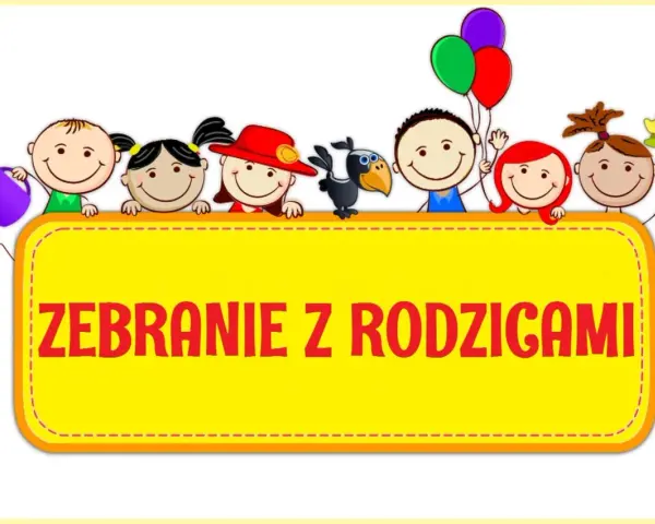 Radosne dzieci z balonami i konewką zapraszają na zebranie z rodzicami.