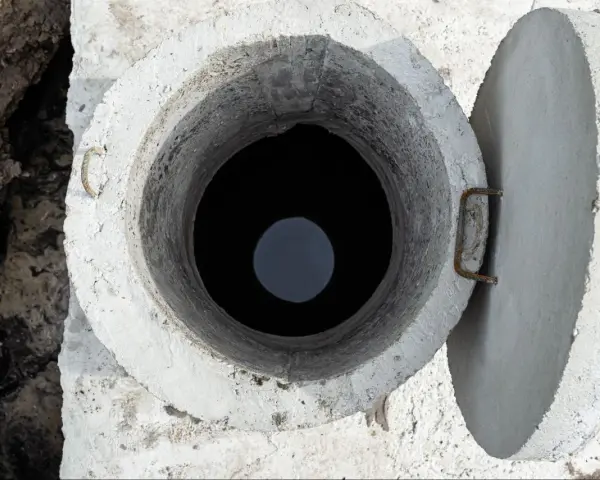 Otwarty betonowy krąg szamba, widok z góry. Rozważasz, jak uszczelnić szambo betonowe od środka?