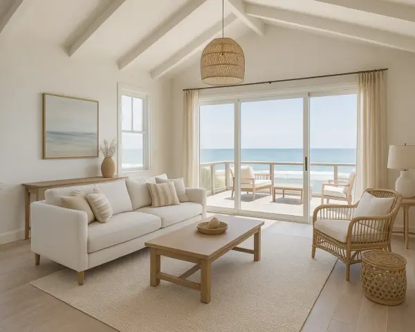 Soggiorno luminoso con vista mare, perfetto per idee ristrutturazione casa al mare. Divano bianco, tavolino in legno e poltrona in rattan creano un'atmosfera rilassante.