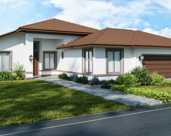 Nowoczesny bungalow z brązowym dachem i białymi ścianami, otoczony zielonym trawnikiem i krzewami.