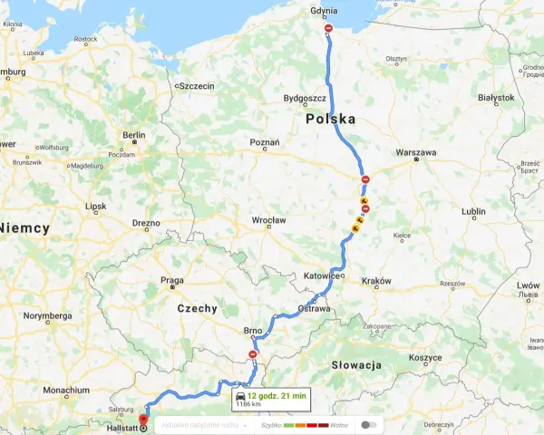 Trasa z Gdyni przez Polskę, Czechy i Słowację do Hallstatt w Karyntii, Austrii. Podróż trwa 12 godzin 21 minut.