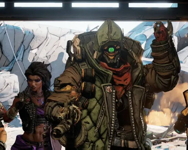 Personajes de Borderlands 3: un robot con un ojo verde y una mujer con chaleco de cuero.