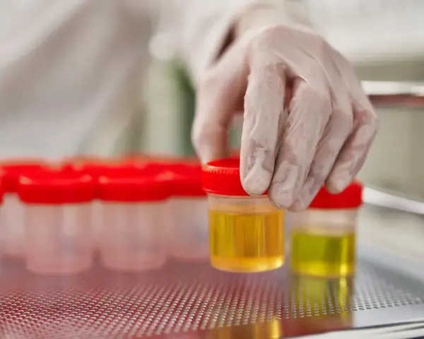 Ręka w rękawiczce laboratoryjnej wybiera pojemnik z żółtym płynem. W tle widać rząd podobnych pojemników. Badanie może wykazać ketony w moczu, a odwodnienie.