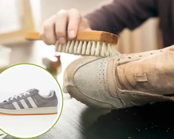 Pulizia meticolosa per lavare Adidas pelle in lavatrice. Un dettaglio mostra una scarpa Adidas grigia, mentre un'altra viene spazzolata.