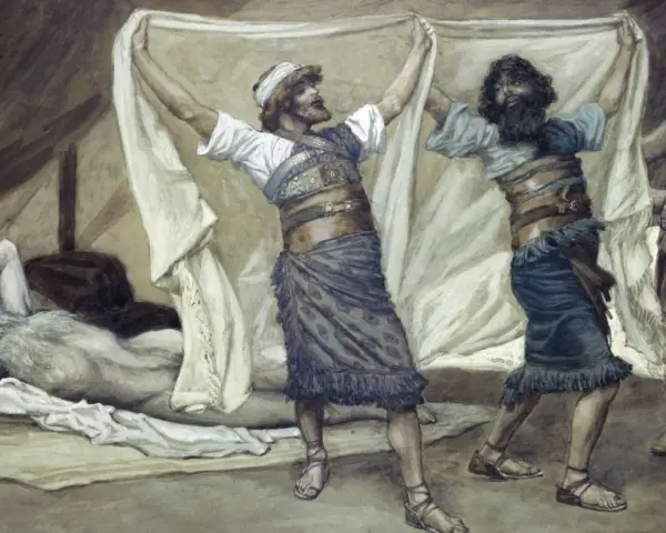 Three sons of Noah, Ham, Shem, and Japheth, cover their father with a cloth as he lies in bed.