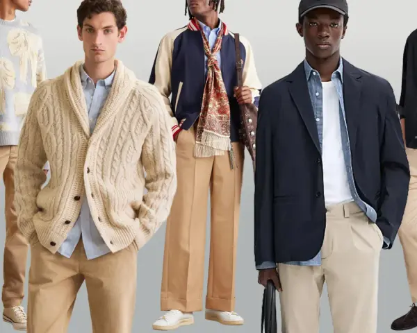 Cinco hombres con estilos urbanos y modernos. Todos lucen un outfit con pantalón beige, combinando chaquetas, cárdigans y camisas.