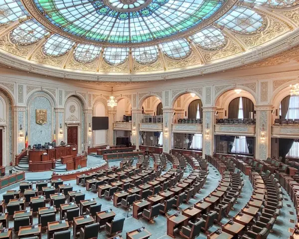 Wnętrze pałacu w Bukareszcie, z rzędami pustych krzeseł i imponującą, witrażową kopułą.