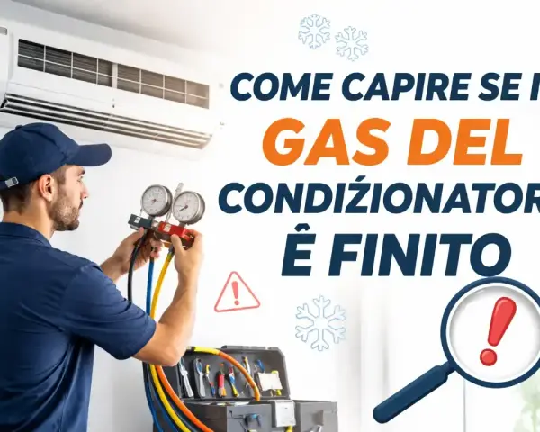 Tecnico controlla manometro per capire se manca gas condizionatore. Segnali di allarme e termometro indicano problemi.