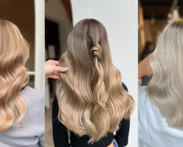 Trzy fryzury z falowanymi, blond włosami. Jedne z nich są w odcieniu miodowego blondu, drugie z subtelnym skrętem i ombre, a trzecie w bardzo jasnym, platynowym blondzie.