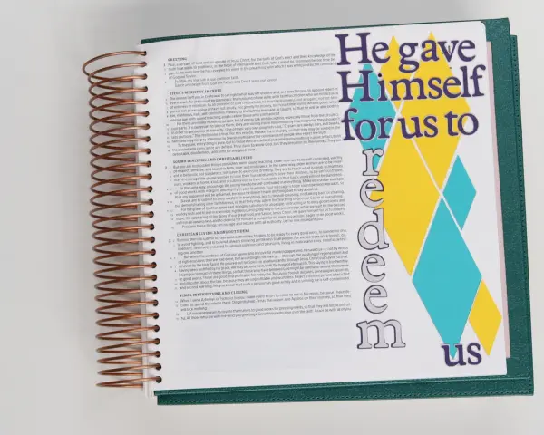 Open Bible with "He gave Himself for us to redeem us" text. Great for bible journaling ideas.