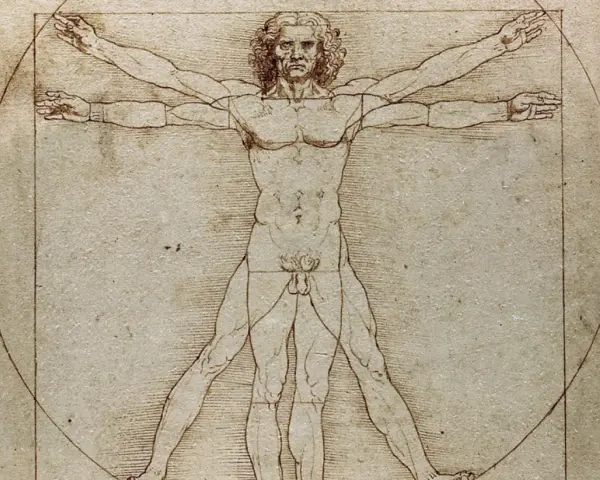 Człowiek witruwiański Leonarda da Vinci, idealne proporcje ludzkiego ciała wpisane w kwadrat i okrąg.
