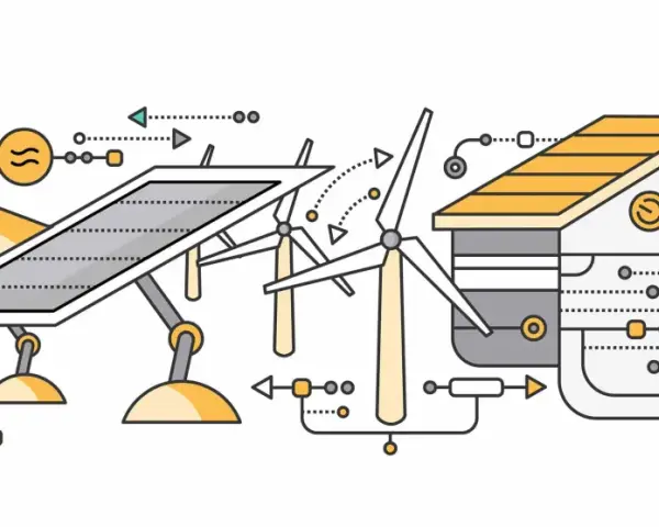 Ilustracja przedstawia schemat działania domu pasywnego: panele słoneczne i turbiny wiatrowe dostarczają energię do inteligentnego budynku.