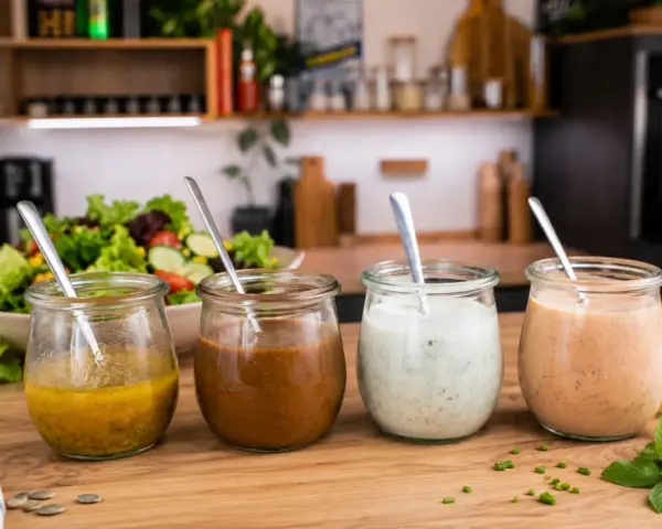 Vier Gläser mit verschiedenen salat dressing Sorten stehen auf einem Holztisch. Im Hintergrund ein bunter Salat.