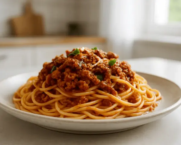 Talerz spaghetti z bogatym sosem mięsnym ragù, udekorowany zielonymi listkami.